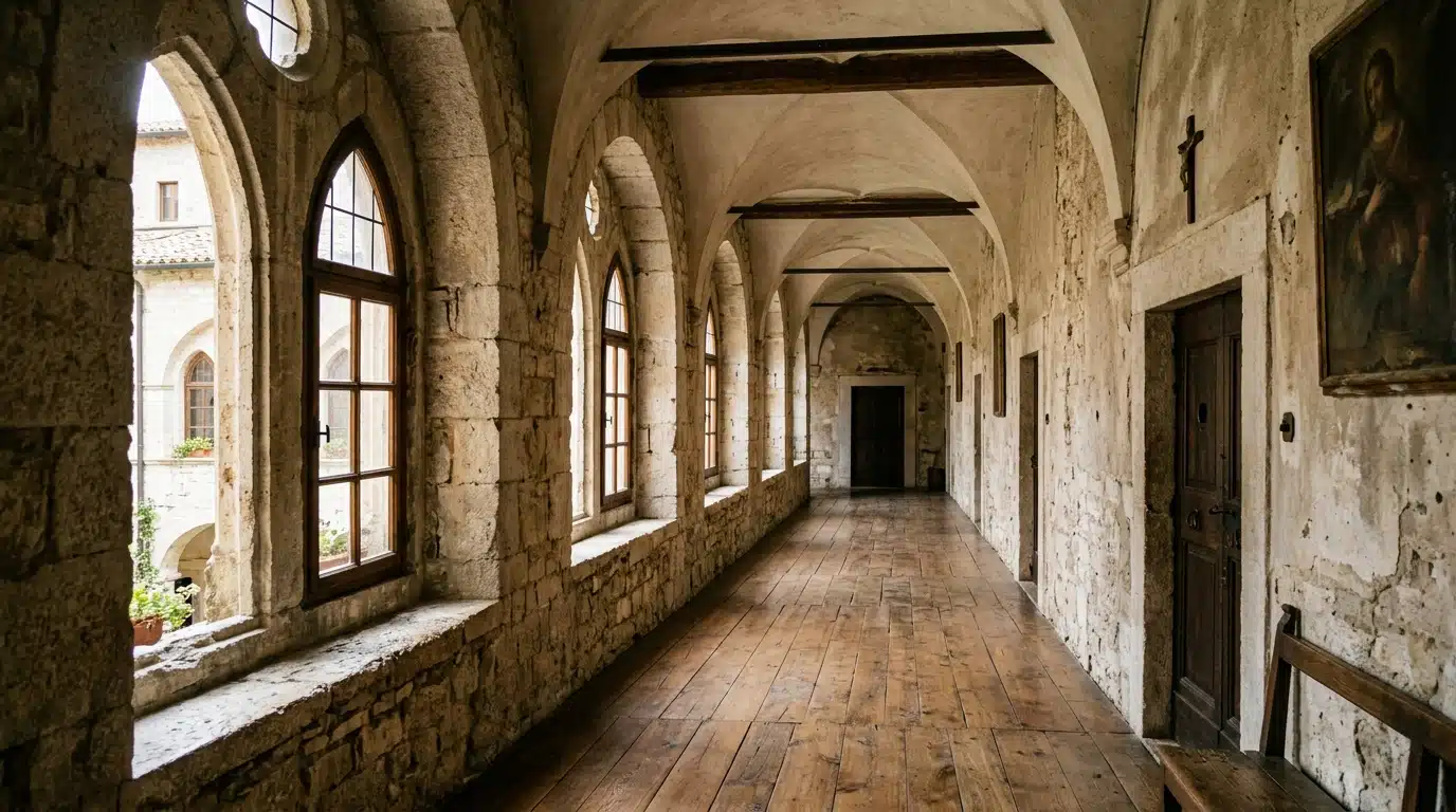 Couloir d'un couvent ancien, ambiance religieuse feutrée