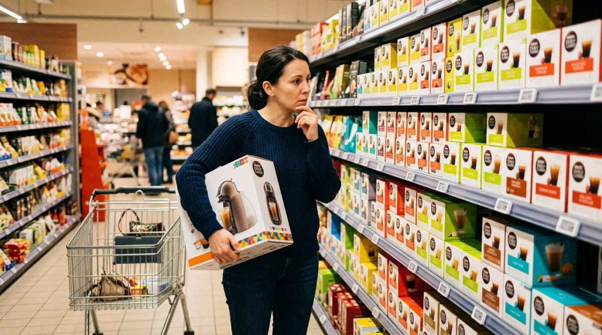 Client en supermarché devant un rayon de capsules Dolce Gusto