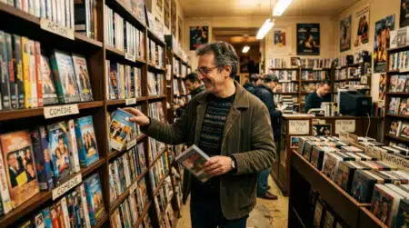 Client parcourant les rayons VHS d'un vidéo club