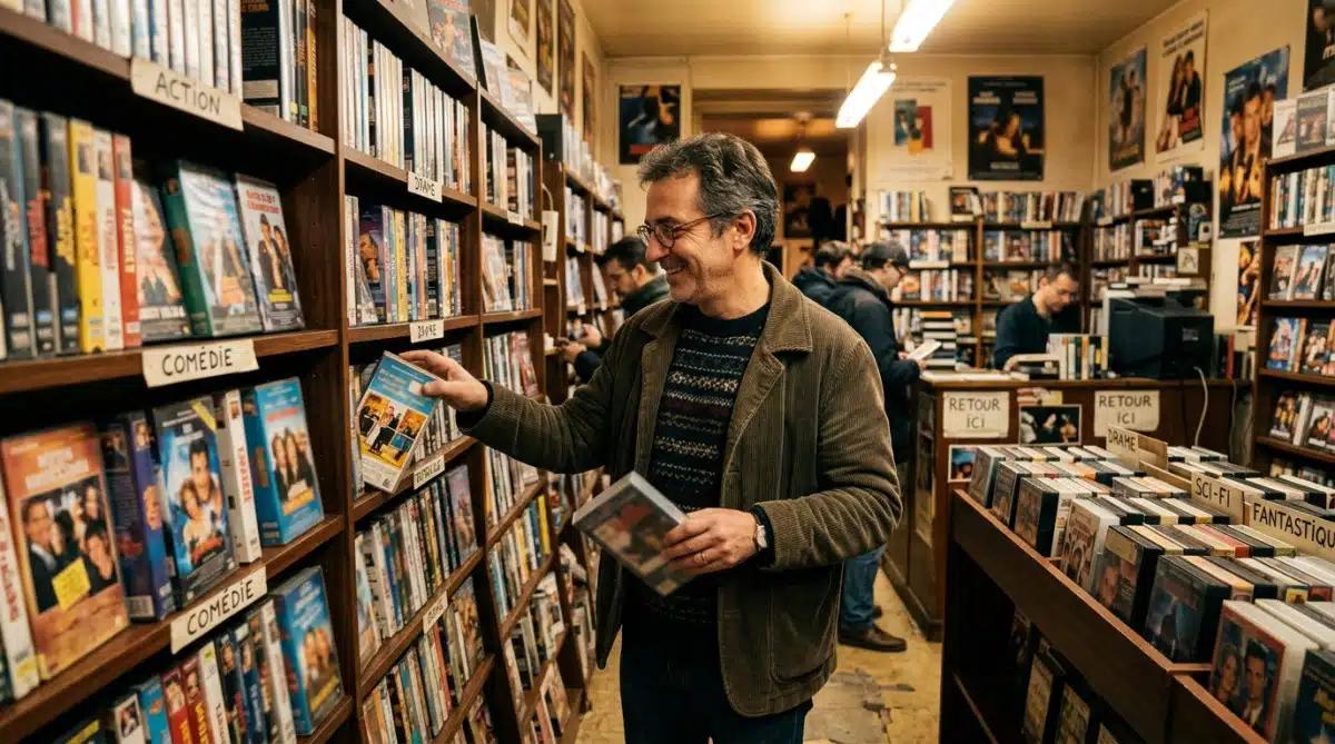 Client parcourant les rayons VHS d'un vidéo club