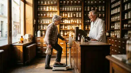 Client se pesant sur une balance de pharmacie traditionnelle