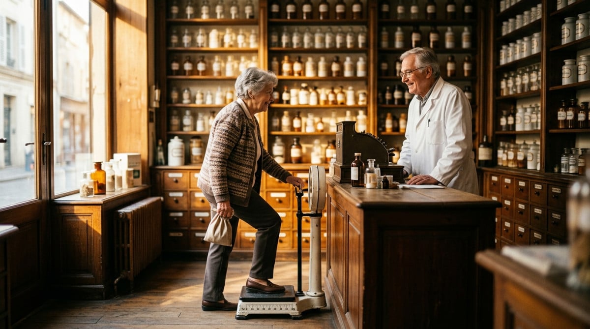 Client se pesant sur une balance de pharmacie traditionnelle
