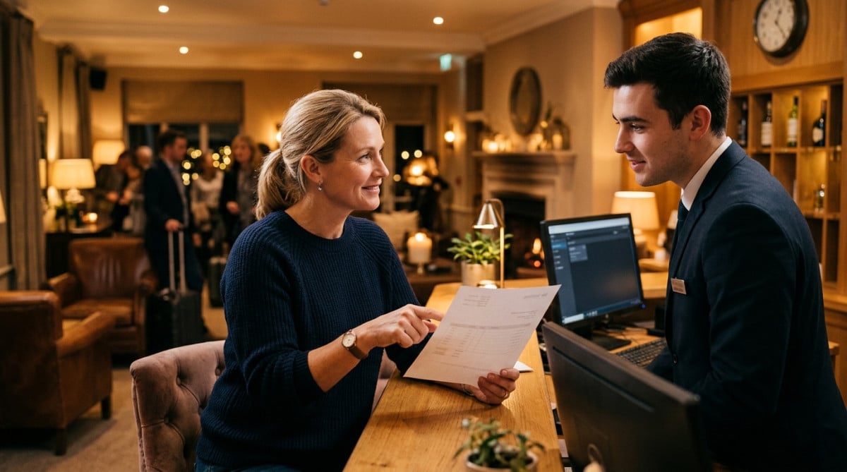 Cliente contestant une facture d'hôtel avec un document imprimé