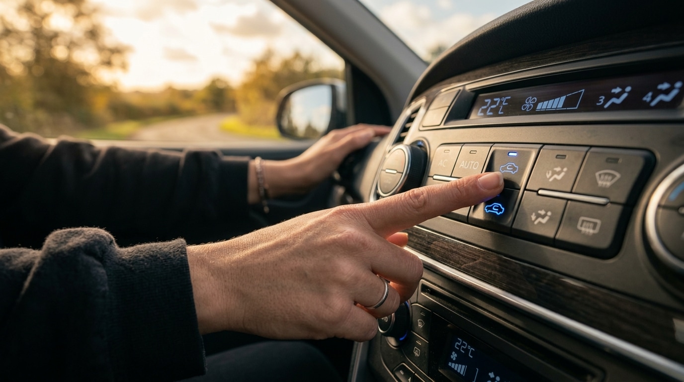 Main appuyant sur le bouton recirculation de la clim voiture