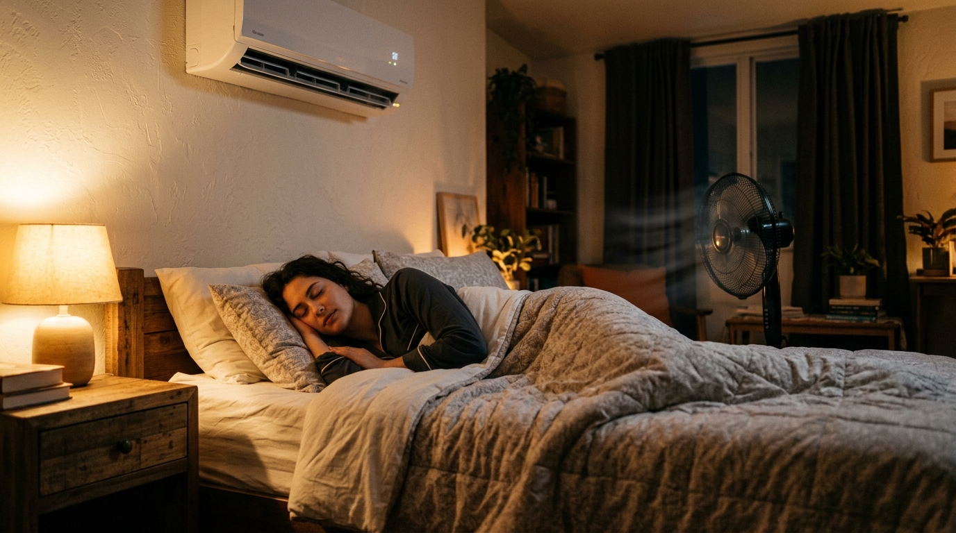 Ventilateur et climatiseur associés dans une chambre la nuit