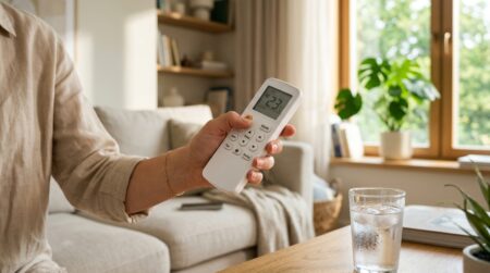 Main réglant la température sur une télécommande de climatiseur