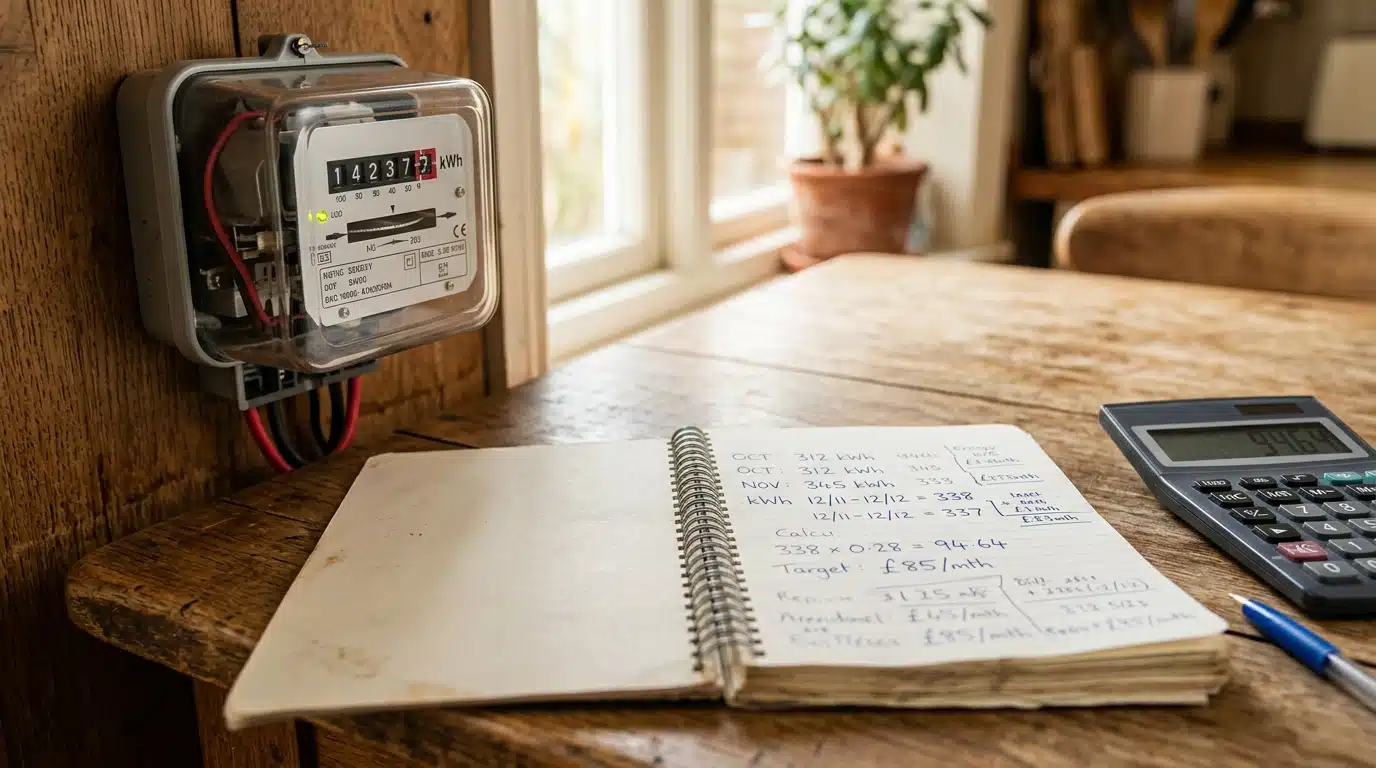 Compteur électrique et calculatrice sur une table ensoleillée
