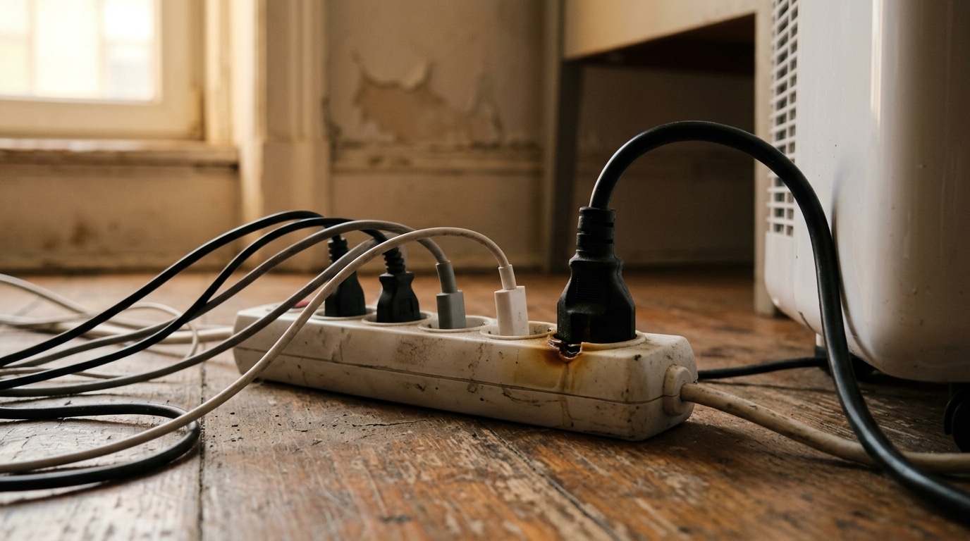 Climatiseur mobile branché sur une multiprise surchargée