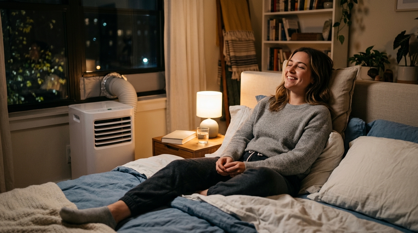 Personne détendue dans une chambre enfin rafraîchie
