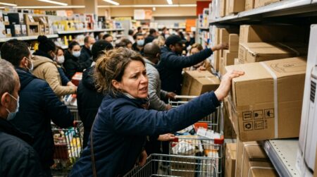Foule se pressant devant des cartons de climatiseurs en magasin
