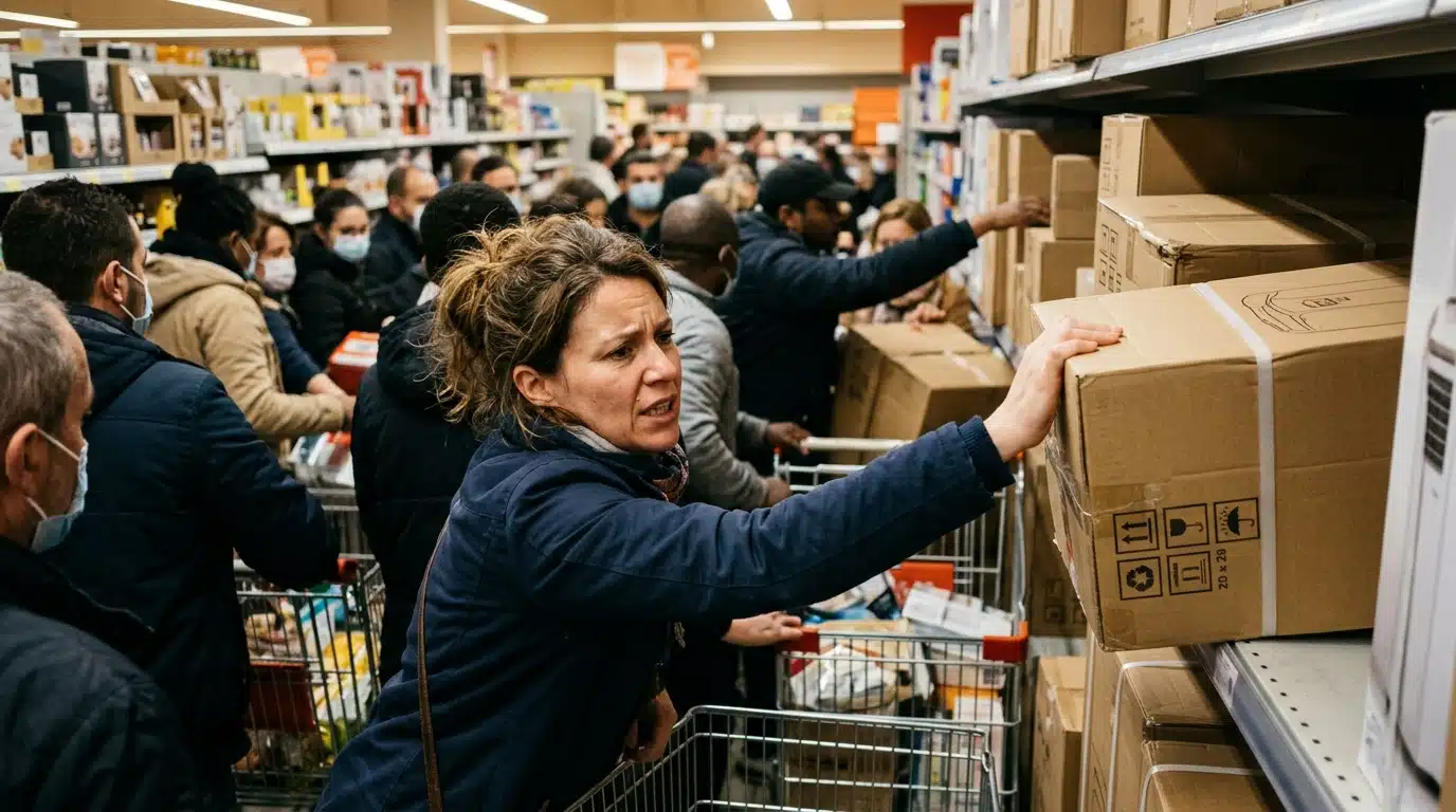Foule se pressant devant des cartons de climatiseurs en magasin