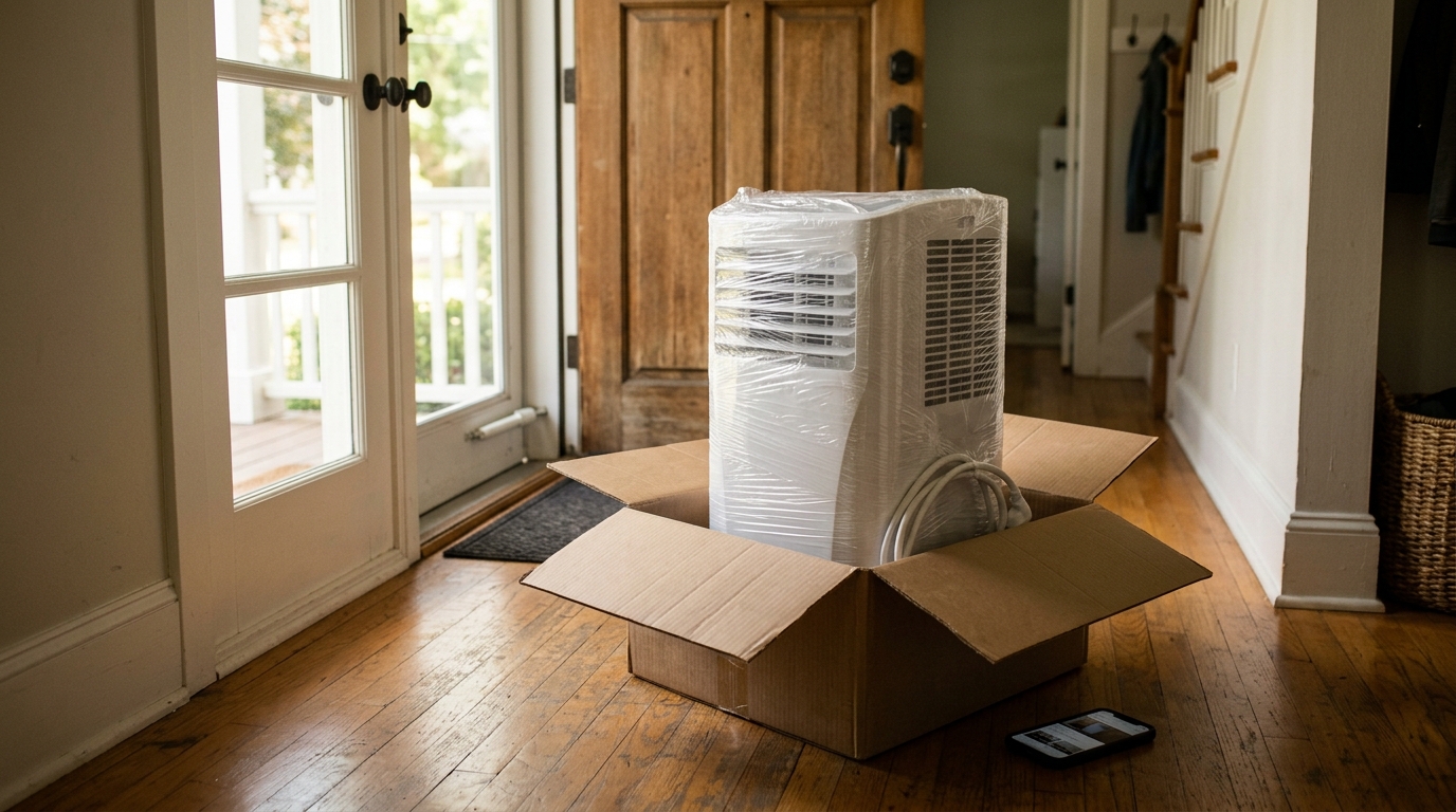 Climatiseur mobile encore emballé dans son carton d'origine
