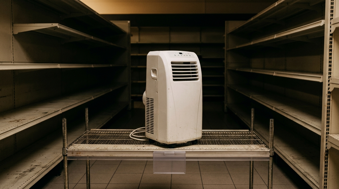 Climatiseur mobile blanc seul sur étagère vide de magasin