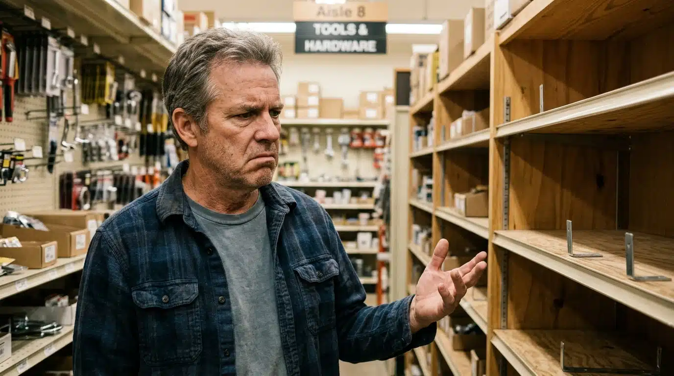 Homme déçu devant des étagères vides en magasin