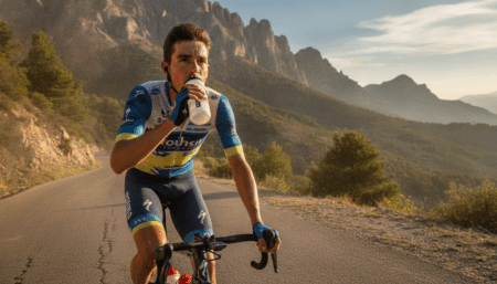 Coureur du Tour buvant à son bidon en montagne