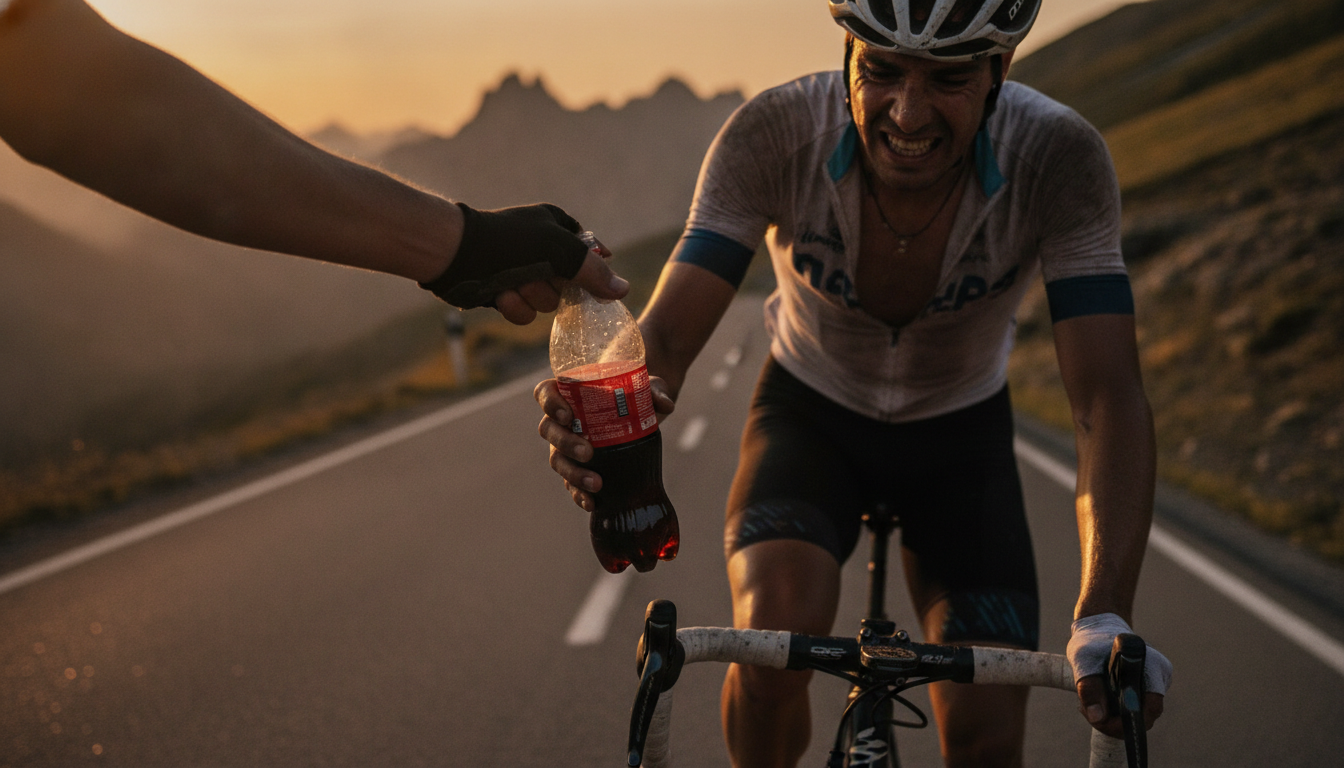 Assistant tendant un Coca tiède à un cycliste dans un col