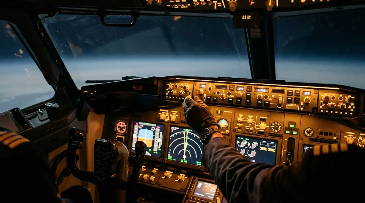 Cockpit d'avion avec instruments éclairés en vol de croisière