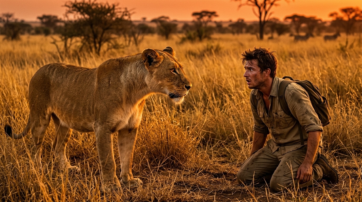Homme face à une lionne dans la savane au coucher du soleil