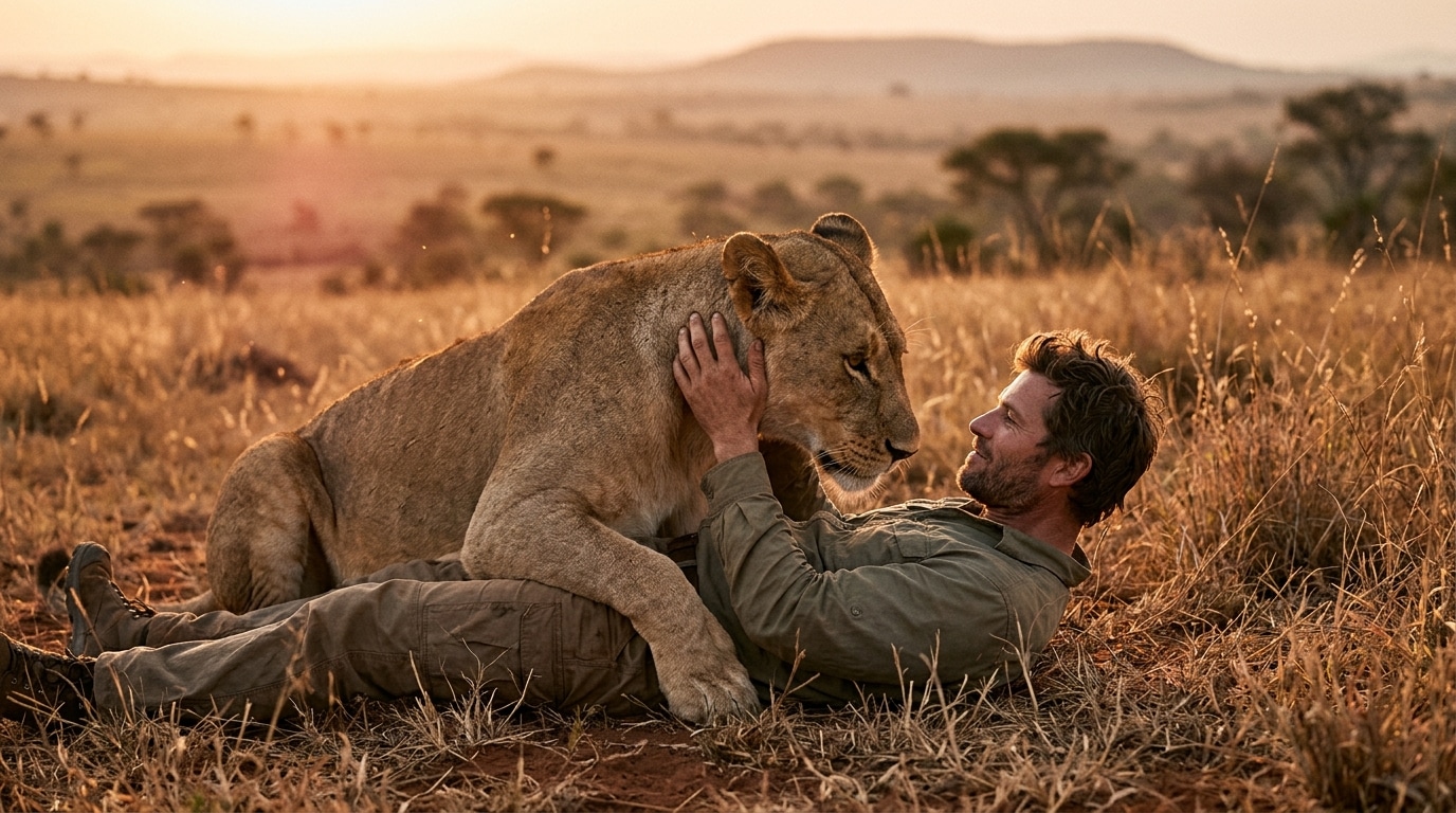 Homme allongé caressant la crinière d'une lionne