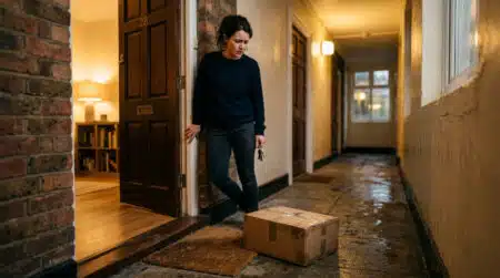 Colis abandonné devant une porte sous la pluie