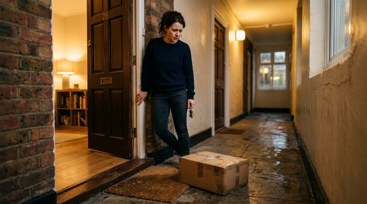 Colis abandonné devant une porte sous la pluie