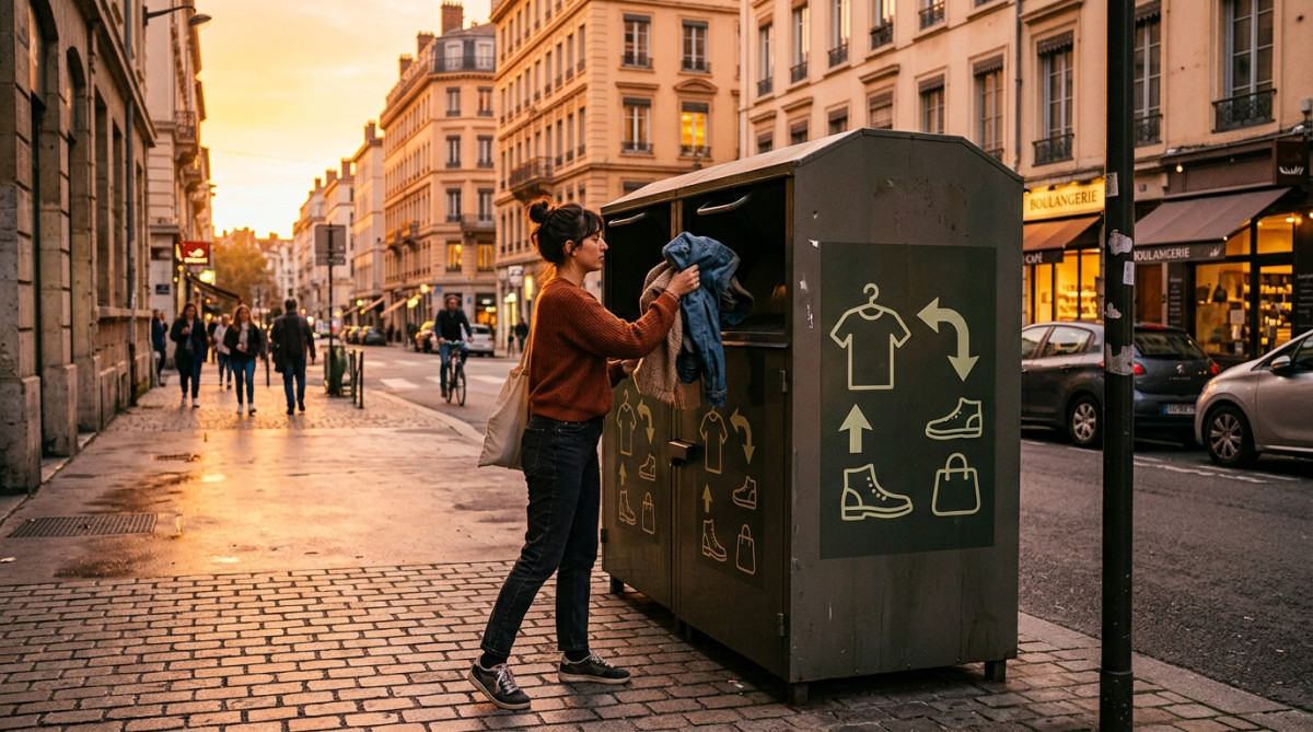 Collecte de vêtements usagés dans un container en ville