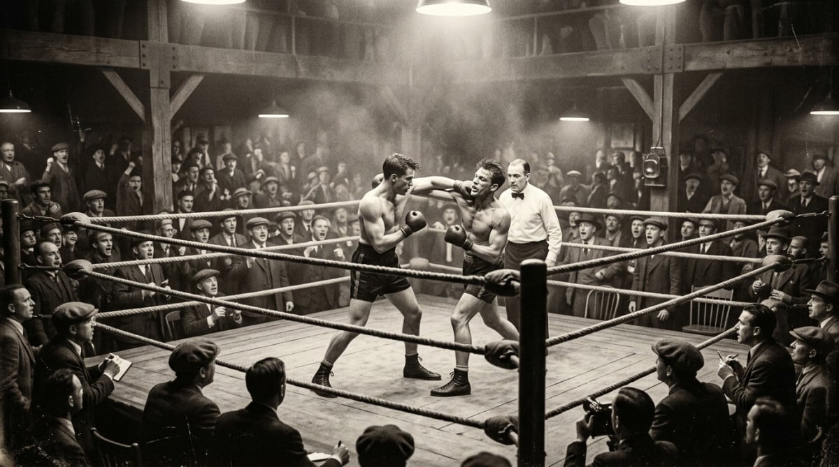 Combat de boxe historique dans une arène américaine 1910