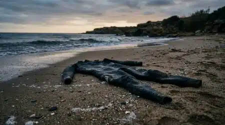 Combinaison de plongée noire échouée sur le sable