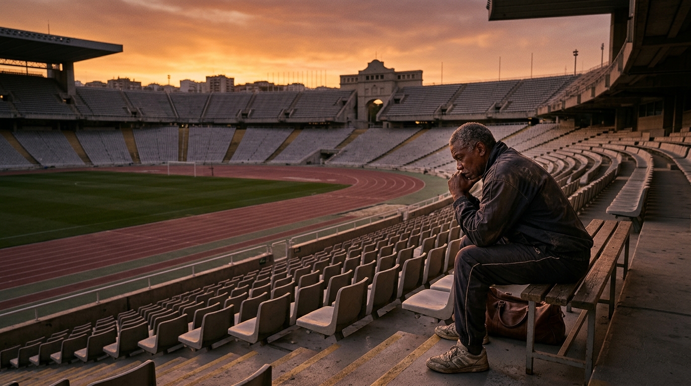 Ancien footballeur assis seul dans un stade vide