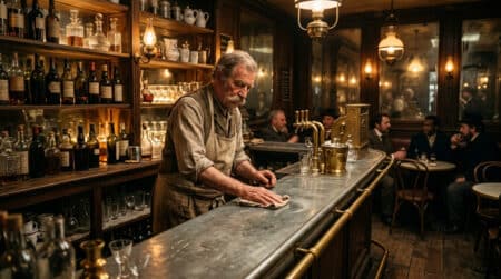 Comptoir en zinc historique dans un café parisien ancien
