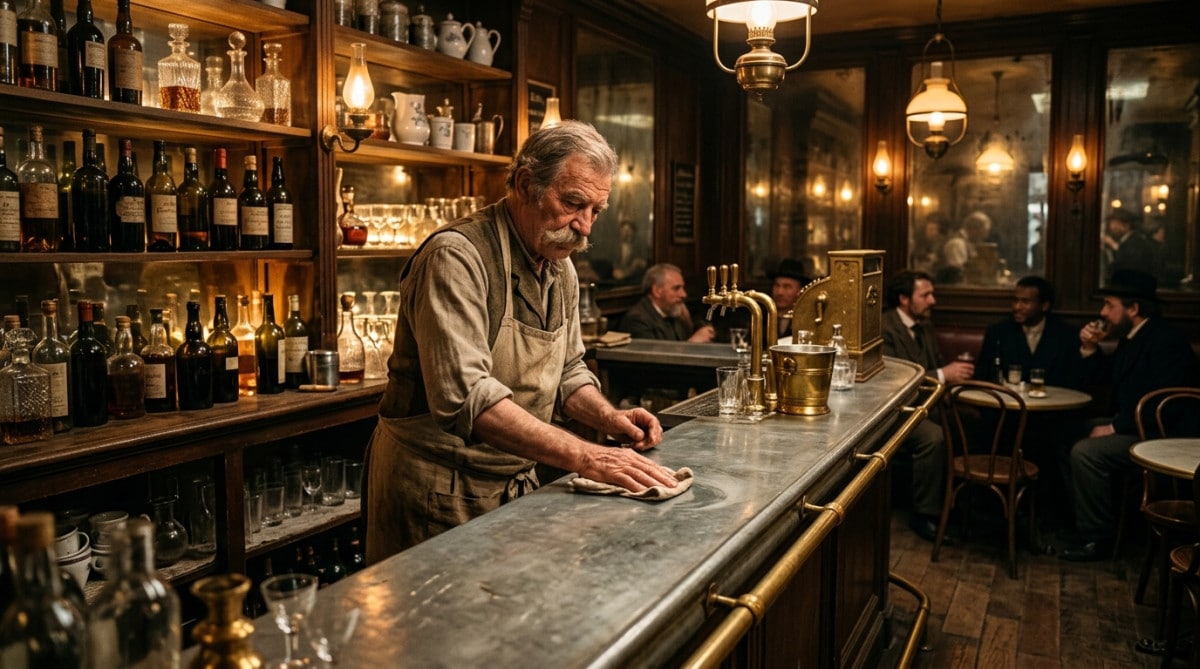 Comptoir en zinc historique dans un café parisien ancien