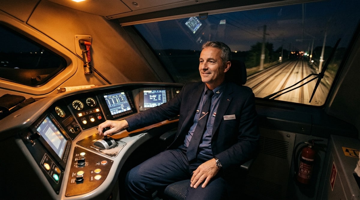 Conducteur de train SNCF dans sa cabine de conduite
