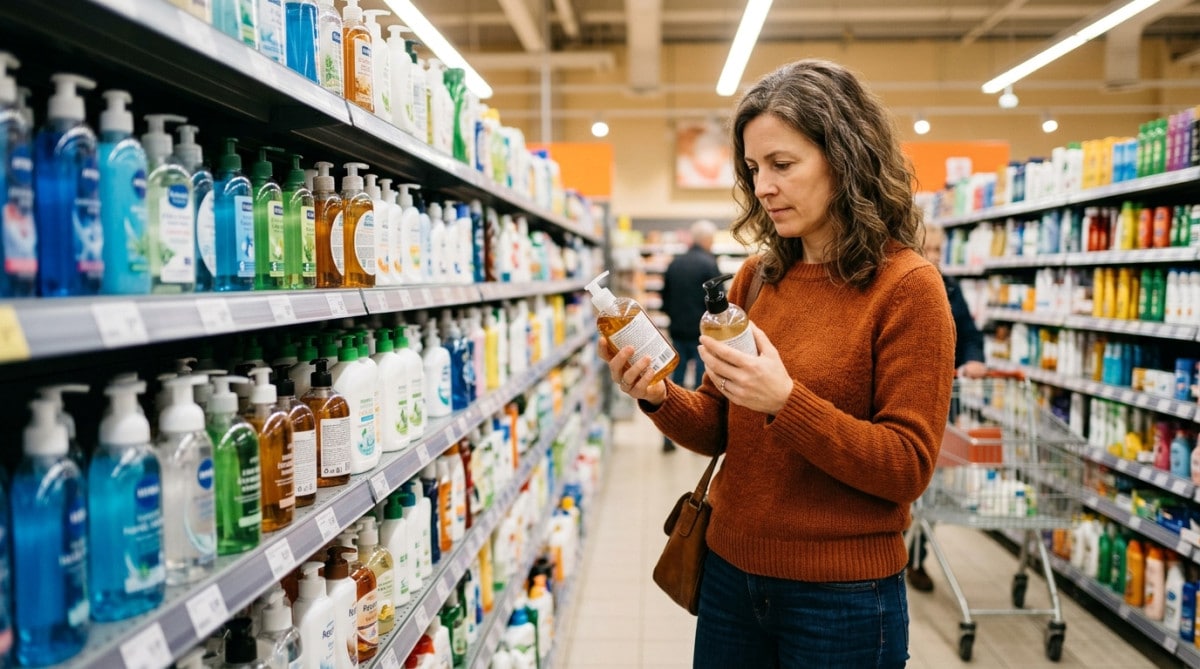 Consommatrice comparant des savons antibactériens en rayon