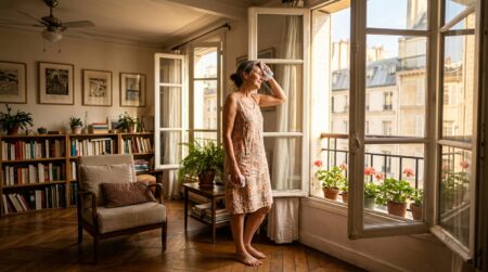 Femme soulagée par la fraîcheur retrouvée de son salon