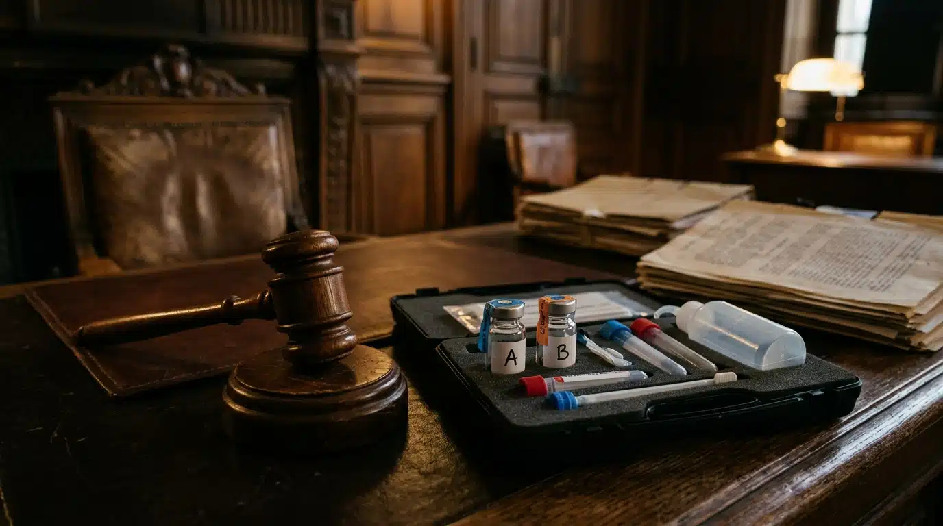 Marteau de juge près d'une trousse antidopage
