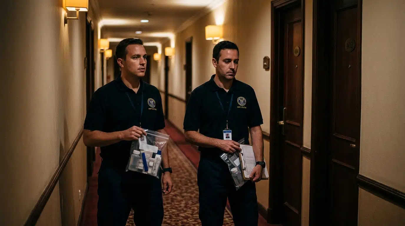 Agents antidopage dans un couloir d'hôtel la nuit