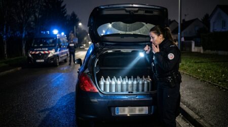 Policier examine des bouteilles de gaz dans un coffre
