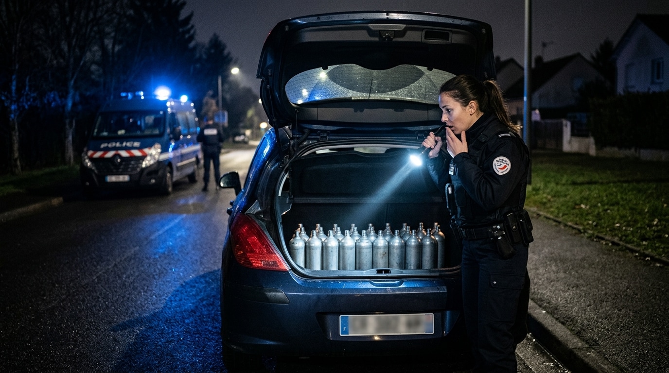 Policier examine des bouteilles de gaz dans un coffre
