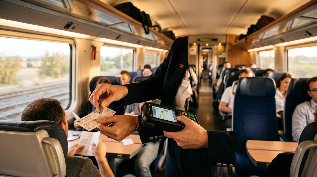 Contrôleur vérifiant les billets dans un TGV à moitié rempli