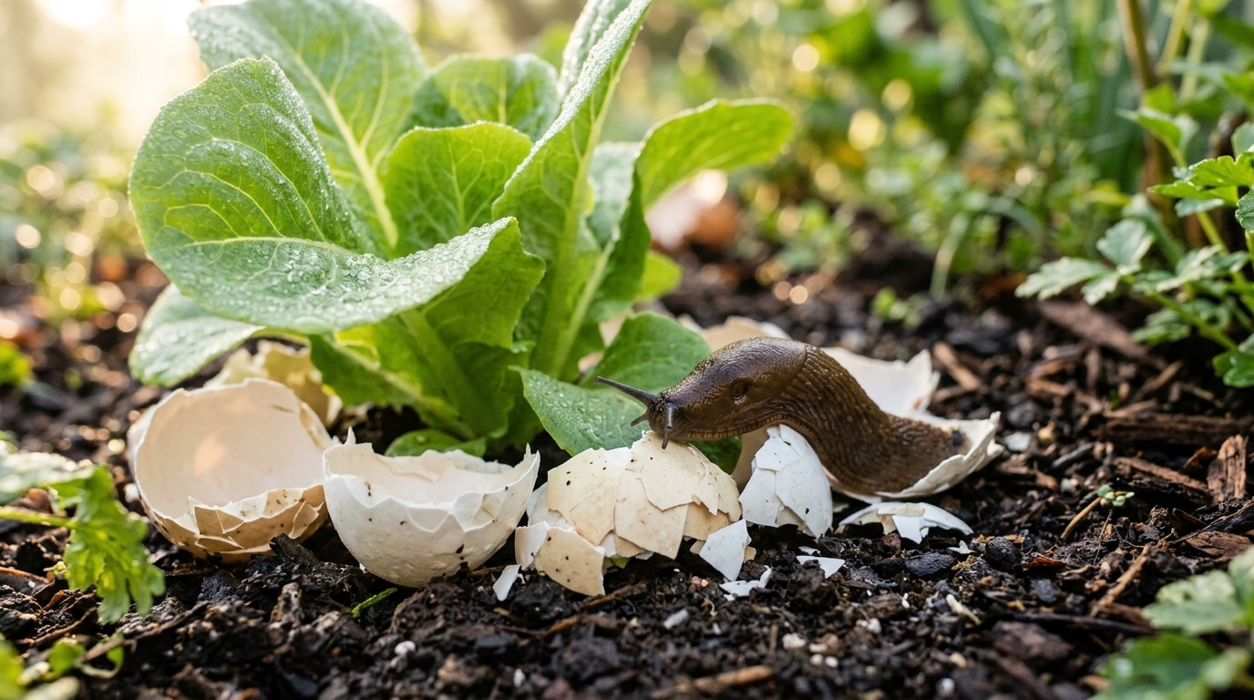 Limace traversant des coquilles d'œufs brisées au potager