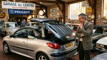 Coupé cabriolet des années 2000 toit ouvert en concession