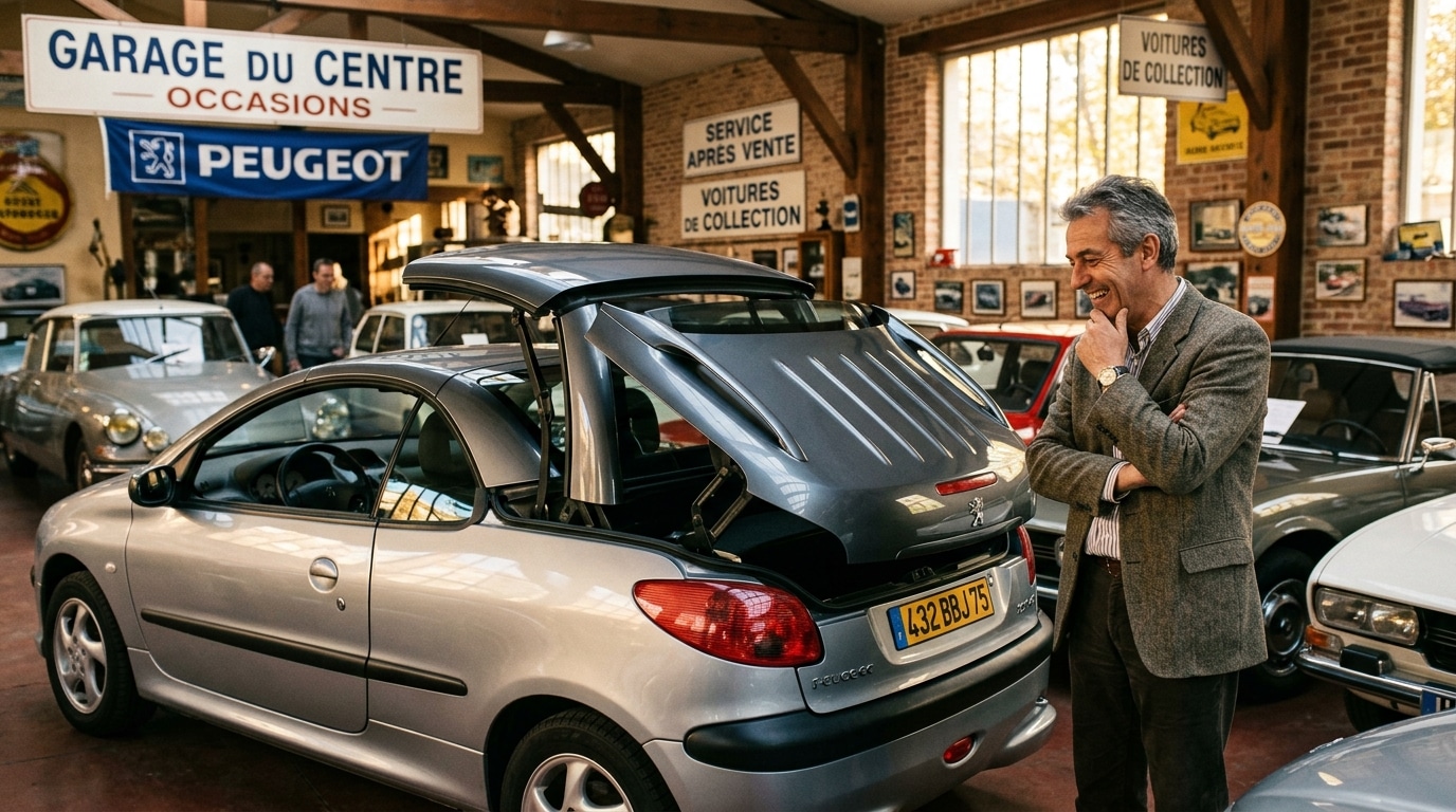 Coupé cabriolet des années 2000 toit ouvert en concession