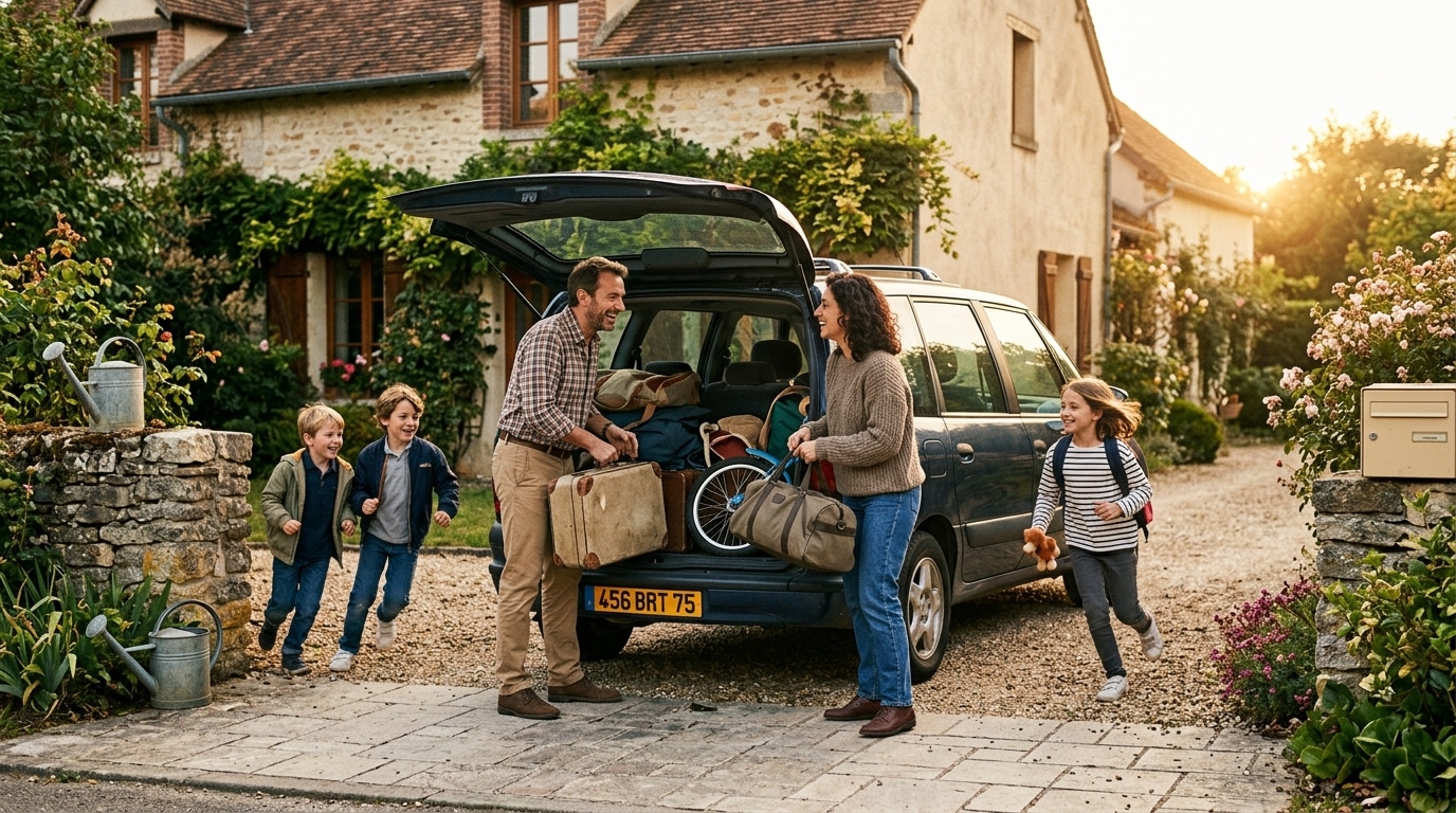 Famille chargeant un monospace familial des années 90