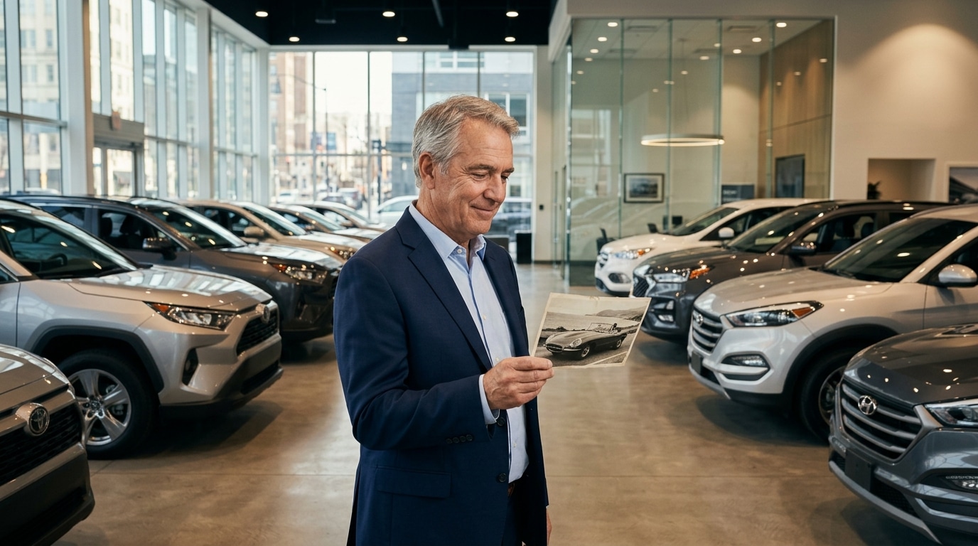 Concessionnaire nostalgique entouré uniquement de SUV modernes