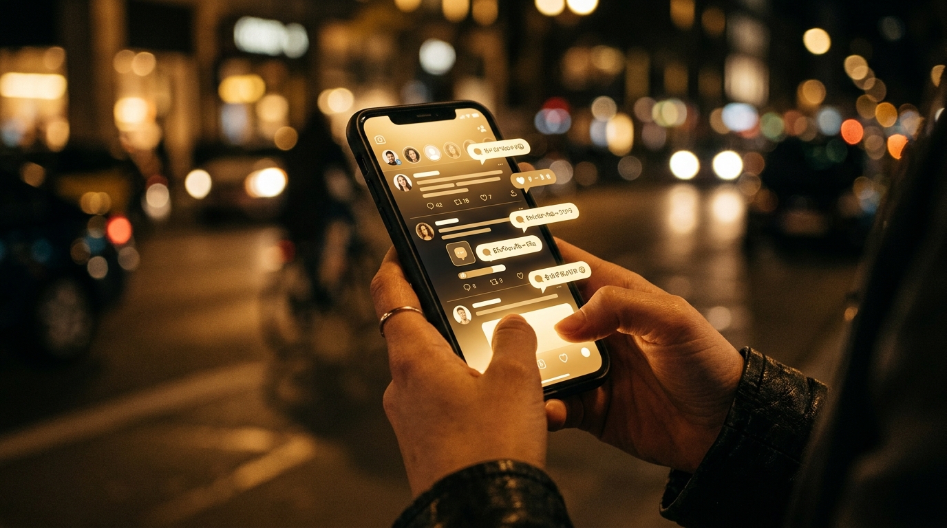 Smartphone affichant des notifications de réseaux sociaux la nuit