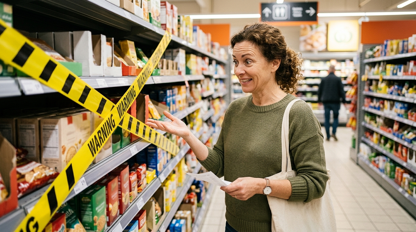 Client surpris devant rayon supermarché barré de rubans