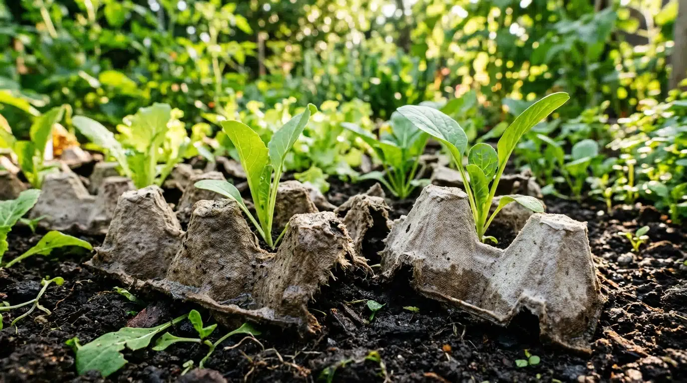 Alvéoles de carton à œufs plantées dans la terre du jardin