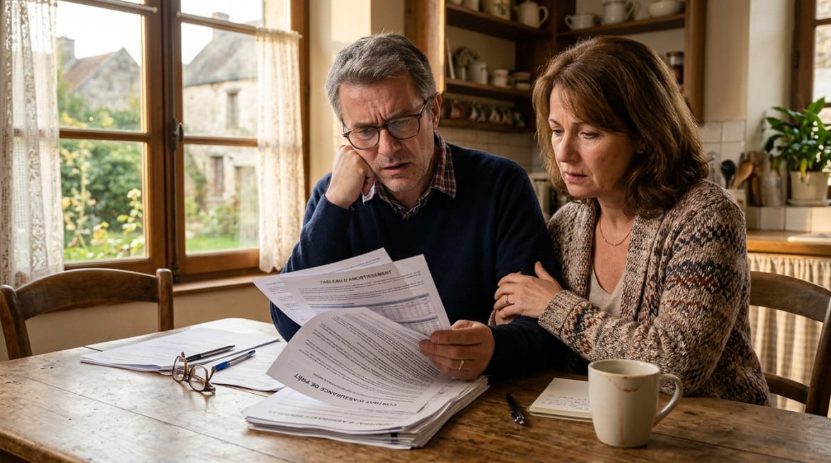Couple examinant leur contrat d'assurance emprunteur inquiets