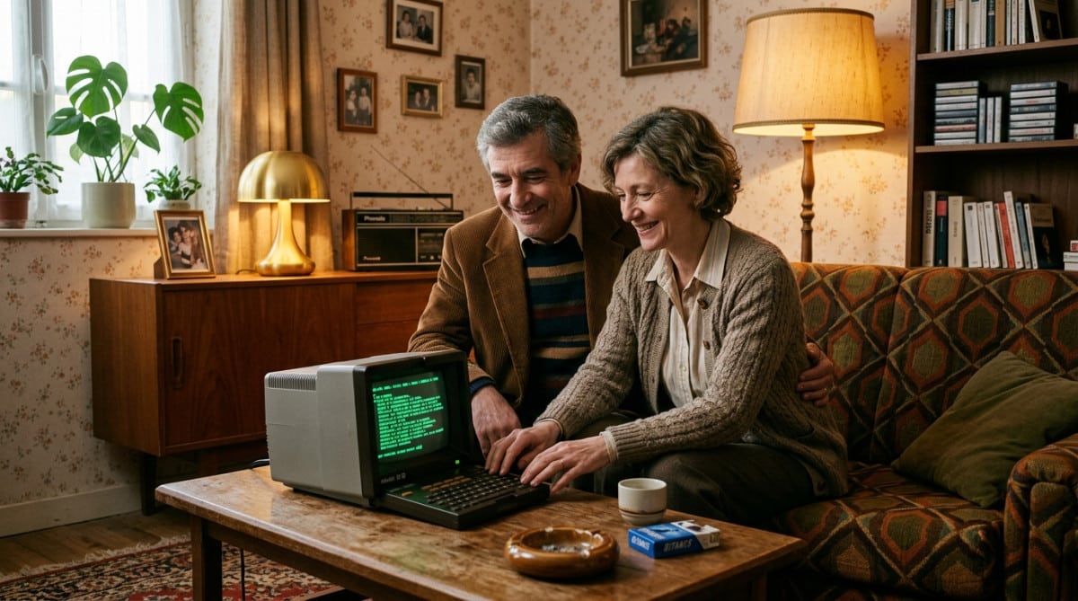 Couple français utilisant un terminal Minitel à la maison