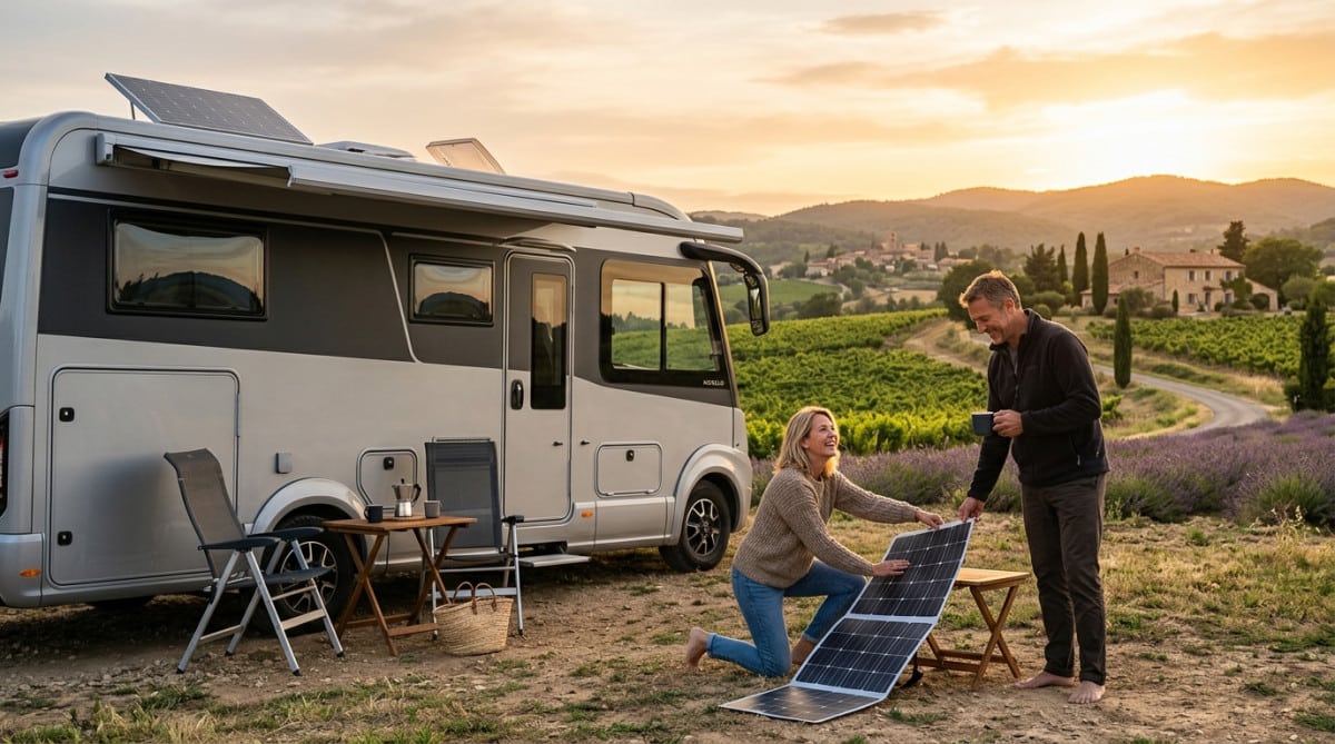 Couple installant panneaux solaires devant camping-car moderne 2026
